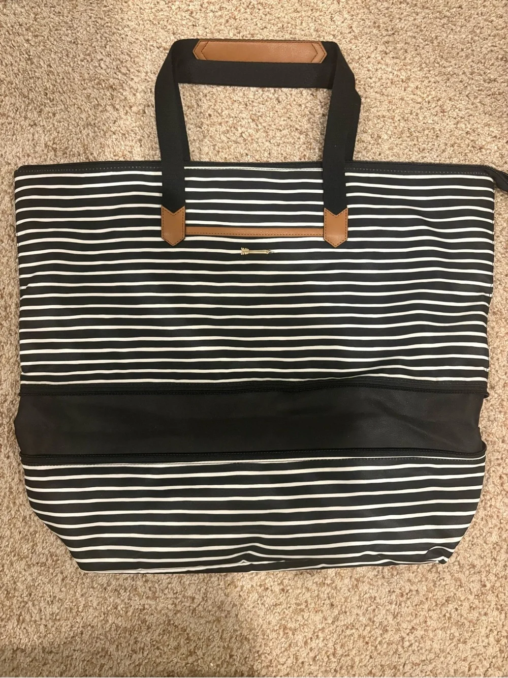Stella & Dot Black and White Striped Tote with Tan Accents